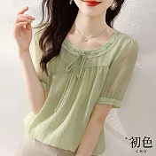 【初色】短袖素色薄款拼接圓領雪紡襯衫上衣-綠色-68114(M-2XL可選) 2XL 綠色