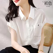 【初色】休閒百搭純色線條裝飾涼爽翻領短袖上衣襯衫-白色-68089(M-2XL可選) 2XL 白色