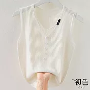 【初色】拼接假兩件鈕扣裝飾冰絲薄款無袖針織衫背心上衣-共5色-68082(F可選) F 白色