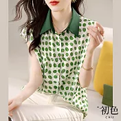 【初色】波點拼接雪紡寬鬆短袖連肩袖翻領排扣襯衫上衣-綠色-68050(M-2XL可選) 2XL 綠色