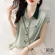 【初色】輕薄透氣撞色翻領單排扣雪紡短袖襯衫上衣-綠色-67767(M-2XL可選) M 綠色