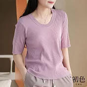 【初色】冰絲條紋圓領短袖T恤針織衫上衣-共4色-67780(F可選) F 紫色