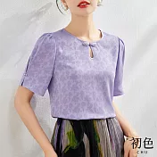 【初色】東方中國結氣質圓領雪紡衫短袖上衣-共3色-67968(M-2XL可選) L 紫色
