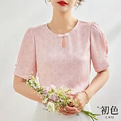 【初色】東方中國結氣質圓領雪紡衫短袖上衣-共3色-67968(M-2XL可選) L 粉色