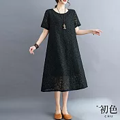 【初色】大碼蕾絲鏤空寬鬆顯瘦短袖連衣中長裙洋裝-共3色-67826(M-2XL可選) 2XL 黑色
