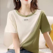 【MsMore】 韓版寬鬆百搭T恤輕薄透氣短袖圓領短版上衣夏棉# 117340 M 綠色