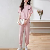 【MsMore】 棉運動套裝夏季灰色薄款短袖圓領休閒跑步服長褲寬鬆大碼兩件式套裝# 116999 XL 粉紅色