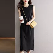 【MsMore】 韓版時尚氣質流蘇設計感撞色條紋針織連身背心長裙圓領無袖長洋裝# 117008 FREE 黑色