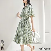 【ACheter】 復古法式格紋連身裙收腰顯瘦別致泡泡短袖中長版洋裝# 117063 L 綠色
