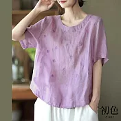 【初色】棉麻風文藝碎花刺繡寬鬆大碼短袖T恤上衣-共5色-67922(M-2XL可選) 2XL 紫色