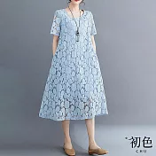 【初色】文藝蕾絲圓領寬鬆短袖顯瘦休閒連身裙洋裝-共5色-67923(M-2XL可選) L 藍色