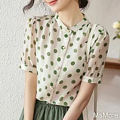 【MsMore】 綠紗波點短袖襯衫法式泡泡短袖上衣夏款立領寬鬆短版# 117331 M 綠色
