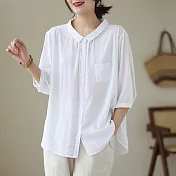 【ACheter】 襯衫七分袖上衣暗格時尚薄款洋氣純色棉麻寬鬆短版襯衫# 117372 L 白色