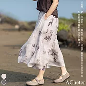 【ACheter】 文藝時尚寬鬆鬆緊高腰印花A擺半身中長裙# 117381 L 綠色