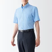 【MUJI 無印良品】男聚酯纖維免熨燙扣領短袖襯衫 XS 淡藍直紋