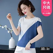 【Jilli~ko】幾何拚色寬鬆薄款冰絲針織衫 J10382  FREE 藍色