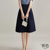【初色】打摺收腰光澤感A字半身裙-共3色-66701(M-XL可選) M 藏藍色