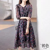 【初色】雪紡前領綁帶收腰長裙洋裝-深紫-66723(M-2XL可選) L 深紫