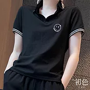 【初色】POLO領微笑燙鑽休閒T恤上衣-黑色-66764(M-2XL可選) M 黑色