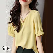 【初色】鏤空短袖雪紡T恤上衣-黃色-66713(M-2XL可選) 2XL 黃色