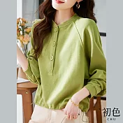 【初色】休閒清新圓領素色長袖襯衫上衣-綠色-67132(M-2XL可選) L 綠色