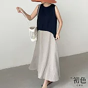 【初色】棉麻風休閒色塊拼接圓領無袖連身長裙洋裝-共2色-67829(F可選) F 藍色