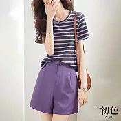 【初色】休閒圓領條紋短袖T恤上衣素色高腰短褲套裝-紫色-67841(M-2XL可選) M 紫色