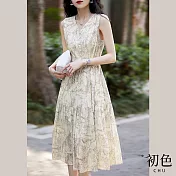 【初色】薄款無袖雪紡印花V領中長裙連衣裙洋裝-米底印花-67850(M-2XL可選) M 米底印花