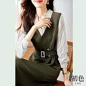 【初色】假兩件式襯衫領撞色拼接收腰連身洋裝-綠色-66814(M-2XL可選) M 綠色