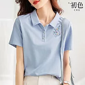 【初色】刺繡短袖POLO衫印花T恤上衣-共3色-66949(M-2XL可選) M 藍色