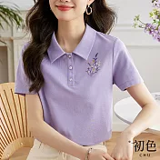 【初色】刺繡短袖POLO衫印花T恤上衣-共3色-66949(M-2XL可選) M 紫色