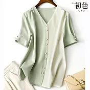 【初色】V領拼接緞面襯衫上衣-淺綠色-66874(M-2XL可選) L 淺綠色