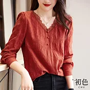 【初色】復古蕾絲花邊長袖T恤上衣-紅色-66883(M-XL可選) M 紅色