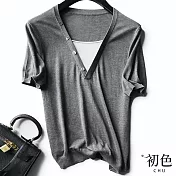 【初色】假兩件拼接柔軟薄款針織衫上衣-共3色-66830(F可選) F 灰色