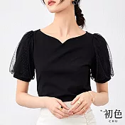 【初色】韓版V領泡泡繡休閒簡約T恤上衣-黑色-66930(M-2XL可選) L 黑色