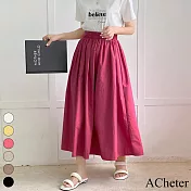【ACheter】 樂天 鮮豔的彩色棉質長裙半身裙純棉喇叭褶大擺裙# 117309 FREE 玫紅色