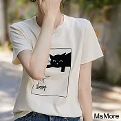 【MsMore】 貓咪控圓領植絨定制字母短袖T恤短版大碼上衣 117408 XL 米色