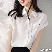 【MsMore】 休閒撞色知性襯衫夏季新款白色百搭翻領短袖寬鬆短版上衣# 117460 2XL 白色