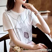 【MsMore】 優雅印花短袖T恤圓領氣質短版百搭顯瘦上衣# 117471 L 印花色
