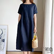 【初色】簡約寬鬆素色短袖棉麻風洋裝中長裙連身裙-共2色-67508(F可選) F 藏青