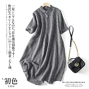 【初色】日系復古格子棉麻風襯衫洋裝-共3色-61604(M-2XL可選) 2XL 黑白小格