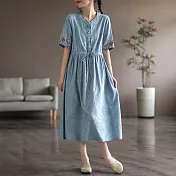 【ACheter】 民族風亞麻棉刺繡連身裙氣質短袖收腰長裙子寬鬆森系洋裝# 117540 M 藍色