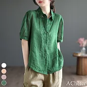 【ACheter】 原創苧麻中袖襯衫夏薄款文藝五分袖百搭寬鬆短版上衣# 117543 XL 綠色