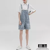 【Jilli~ko】夏季薄款捲邊寬鬆牛仔闊腿吊帶短褲 J10612 FREE 淺藍色