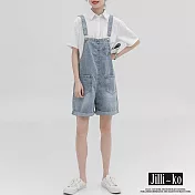 【Jilli~ko】夏季薄款捲邊寬鬆牛仔闊腿吊帶短褲 J10612  FREE 淺藍色