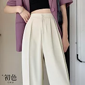 【初色】素色垂感顯瘦彈力高腰西裝闊腿褲-共3色2款-67013(M-XL可選) M 杏色常規