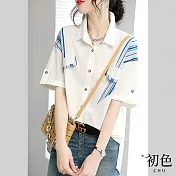 【初色】優雅拼接薄款短袖V領襯衫上衣-白色-67609(M-2XL可選) XL 白色