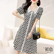 【初色】小香風撞色娃娃領印花連衣裙洋裝-黑色花紋-67616(M-2XL可選) M 黑色花紋