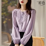 【初色】圓領刺繡燈籠袖素色襯衫上衣-共3色-67063(M-2XL可選) L 紫色