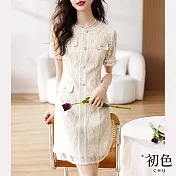 【初色】素色圓領蕾絲鏤空收腰連身裙洋裝-白色-67626(M-2XL可選) M 白色